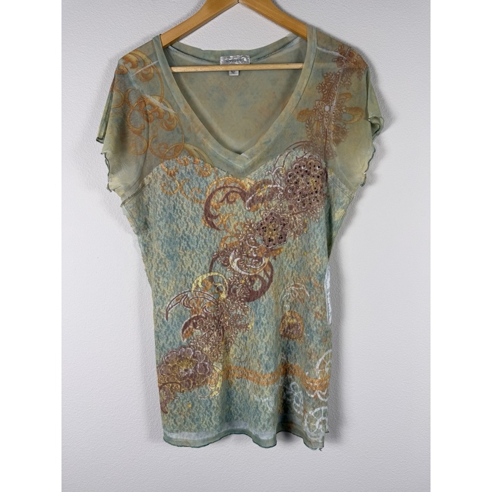 Short Sleeve Embellished Lace Top Womens XL Fairy Goblin Romantic Feminine Boho - Picture 11 of 11